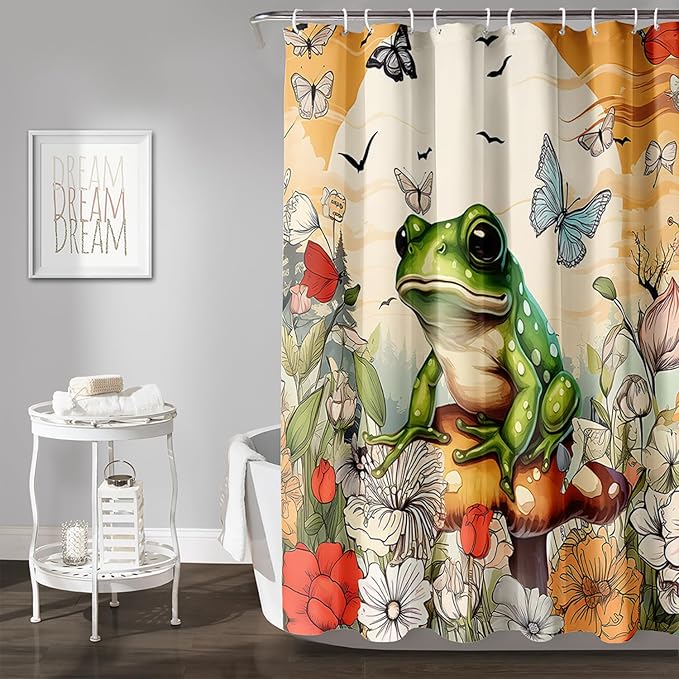 AILONEN Cartoon Frog Waterproof Shower Curtain,Nature Plant Fungus Flower Frog Bath Curtain,Fantasy Sunset Abstract Yellow Bathroom Curtain Decor 72" W x 96" H