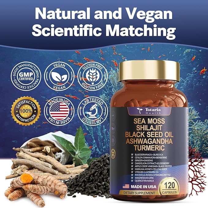 25-in-1 Sea Moss Black Seed Oil Ashwagandha Ginger Shilajit Supplement 18525mg, Sea Moss Capsules with Bladder Burdock Ceylon Cinnamon Berberine ACV Manuka VIT C&D3 for Immune, Gut & Energy, 120 Caps