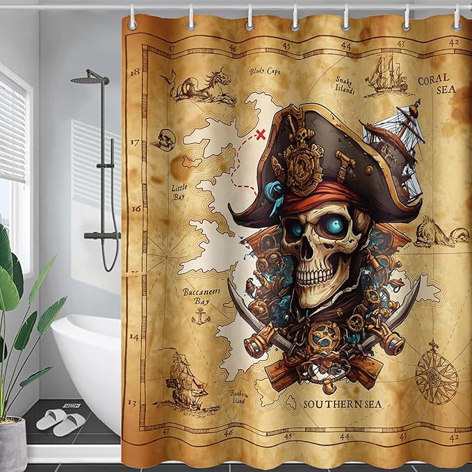 AILONEN Pirate Skull Shower Curtain for Bathroom,Vintage Ocean Nautical Bath Curtain Decoration,Pirate Captain Old Map Print Waterproof Shower Curtain with 12 Plastic Hooks, 72" W*72" H
