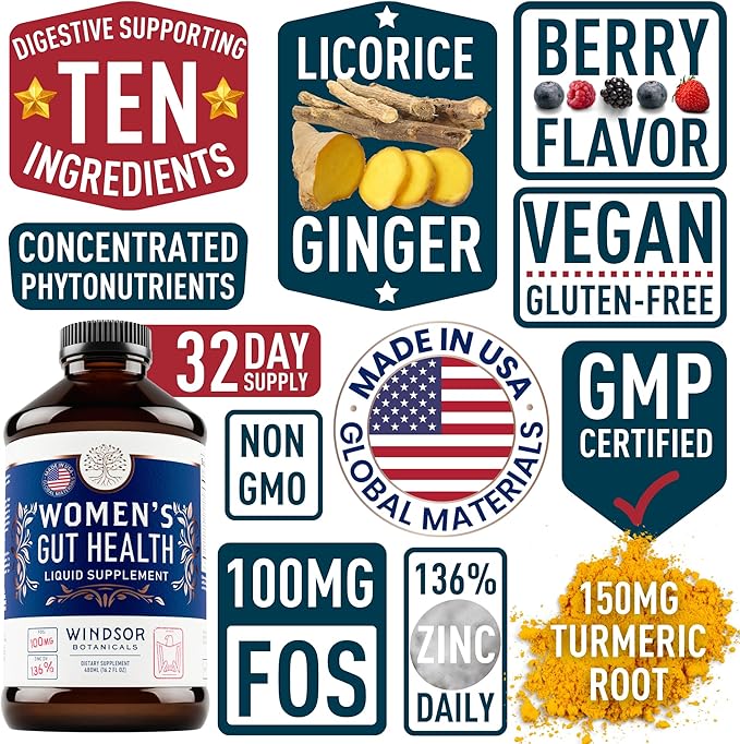 Complete Gut Health Supplements for Women - IBS Relief, Gut Support Liquid with FOS Prebiotic, L Alanyl, L Glutamine and Herbal Blend - Leaky Gut Repair & Gut Cleanse Detox for Women - 16oz (480ml)