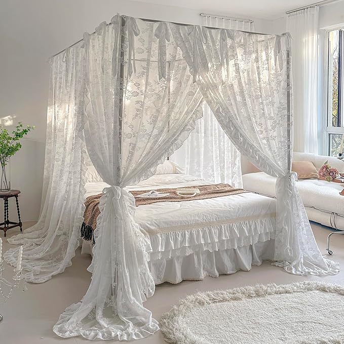 Mengersi Canopy Bed Curtains with Tie Backs,Bed Canopy Curtains Bed Drapes Sheer Curtains for Bedroom Decor(Queen,White