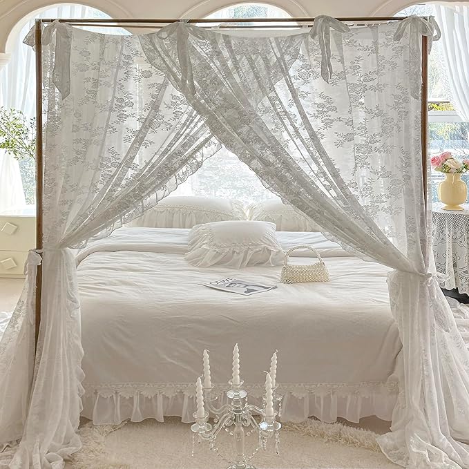 Mengersi Canopy Bed Curtains with Tie Backs,Bed Canopy Curtains Bed Drapes Sheer Curtains for Bedroom Decor(Queen,White