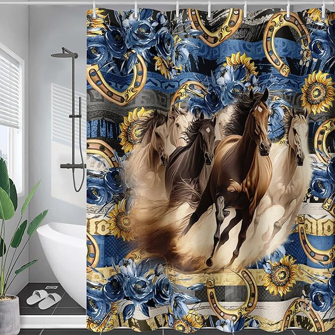 AILONEN Running Horse Shower Curtain for Kids,Blue Rose Sunflower Horse Bath Curtain for Bathroom Decor,Modern Curtain Polyester Waterproof with 12 Plastic Hooks 72" W*84" H