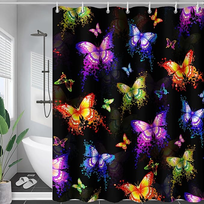 AILONEN Butterfly Shower Curtain for Bathroom, Colorful Butterfly Polyester Waterproof Bath Curtain,Modern Fashion Minimalist Shower Curtain with 12 Plastic Hooks,Black 72" W*84" H
