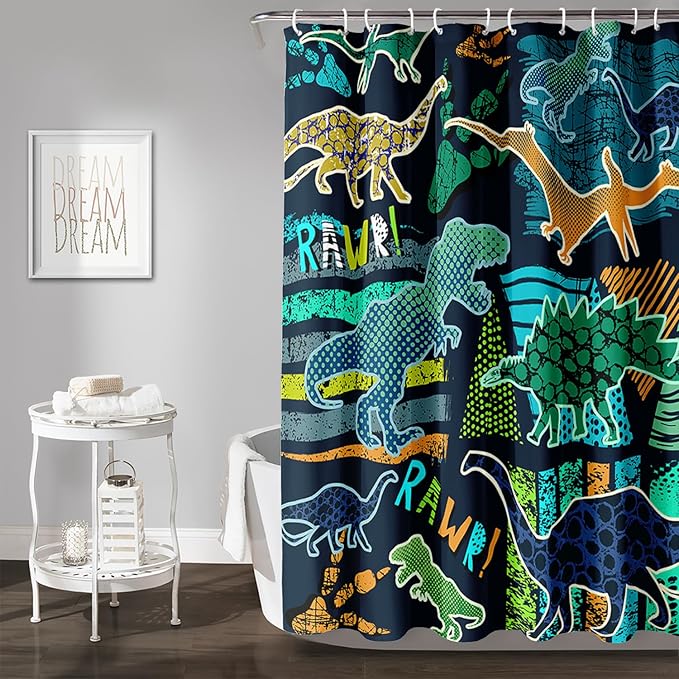 AILONEN Boys Dinosaur Shower Curtain 72" W*78" H for Bathroom,Cartoon Dinosaur Bathroom Shower for Kids Boys,Retro Blue Dinosaur Print Bath Curtain Polyester Waterproof Bathroom Curtain with 12 Hooks