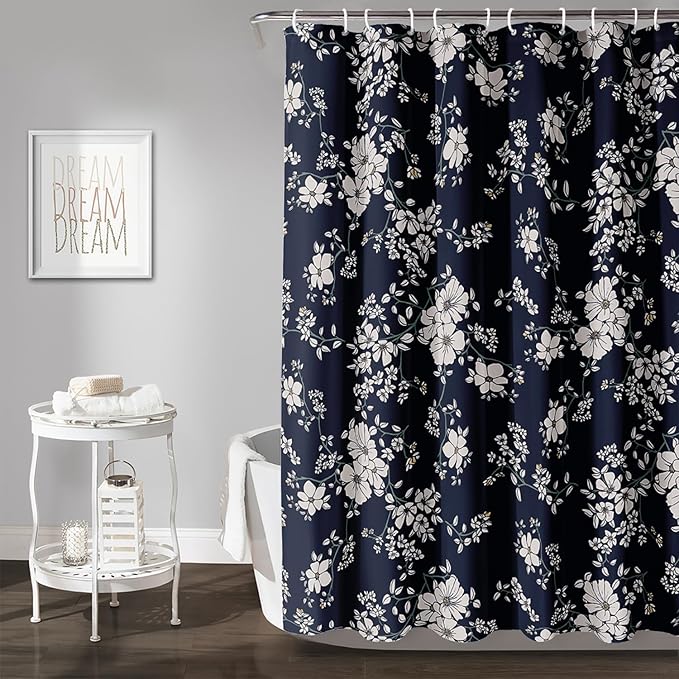 AILONEN Luxuriant Flowers Shower Curtain,White Flower on Black Background Waterproof Shower Curtain Set for Girls Boys Teens, 48" W*72" H Patchwork Flower Shower Curtain