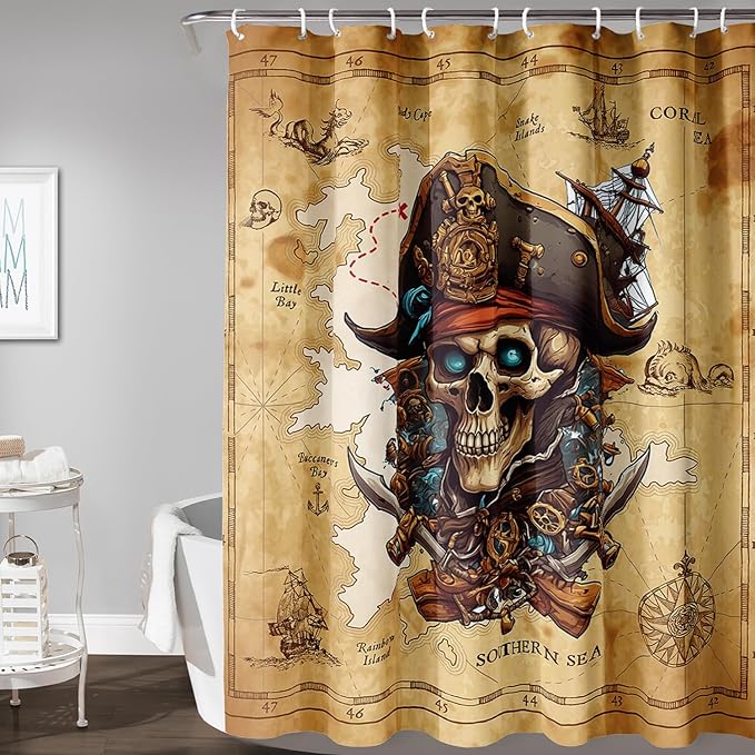 AILONEN Pirate Skull Shower Curtain for Bathroom,Vintage Ocean Nautical Bath Curtain Decoration,Pirate Captain Old Map Print Waterproof Shower Curtain with 12 Plastic Hooks, 72" W*72" H
