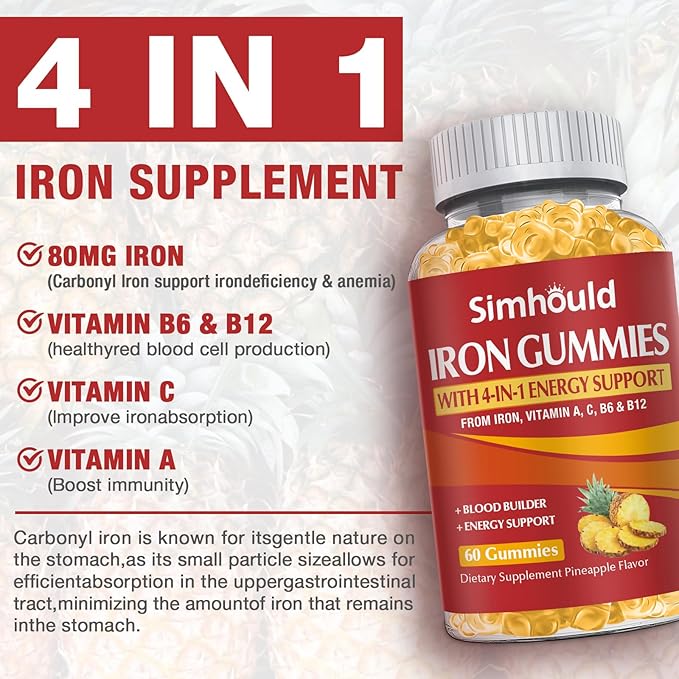 1 Pack Vegan 80MG Iron Supplement Gummies for Women & Men - Vitamin A, C, B for Adults & Kids - Blood Builder & Energy Support for Iron Deficiency, Anemia - 60 Counts Pineapple Flavor Gummies