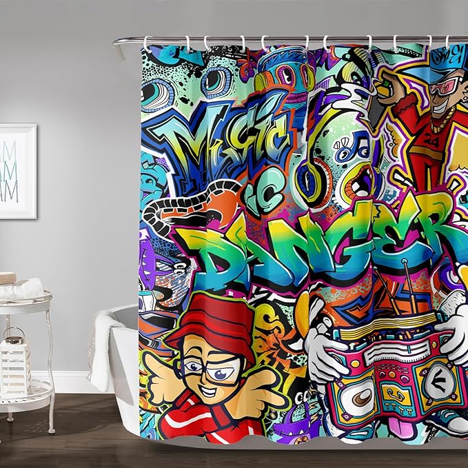 AILONEN Hip Hop Graffiti Shower Curtain for Bathroom,Colorful Graffiti Music Dancer Bathroom Curtain for Kids Boys Girls,Bath Curtain 48" W*72" H Polyester Waterproof Bathroom Curtain with 12 Hooks