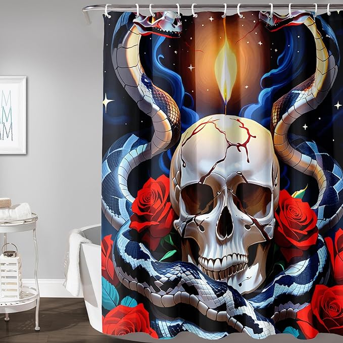AILONEN Skull Shower Curtain for Bathroom,Red Rose Terror Snake Skull Bath Curtain,Goth Skull Skeleton Print Waterproof Curtain with 12 Plastic Hooks, 72" W*72" H