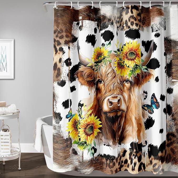 AILONEN Yak Shower Curtains for Kids Boys Girls,Highland Cattle Sunflower Cow Fur Print Bath Curtains for Bathroom Decor,Polyester Waterproof with 12 Plastic Hooks 72" W*84" H