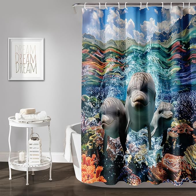 AILONEN Cute Dolphin Shower Curtain,Ocean Dolphin Bath Curtain,Tropic Sea Coral Beach Curtain,Boys Girls Kids Curtain for Bathroom Decor Waterproof, 72" W x 96" H