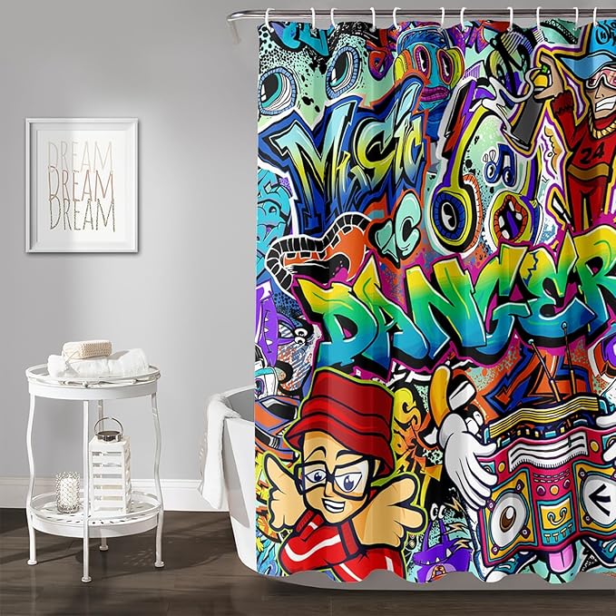 AILONEN Hip Hop Graffiti Shower Curtain for Bathroom,Colorful Graffiti Music Dancer Bathroom Curtain for Kids Boys Girls,Bath Curtain 48" W*72" H Polyester Waterproof Bathroom Curtain with 12 Hooks
