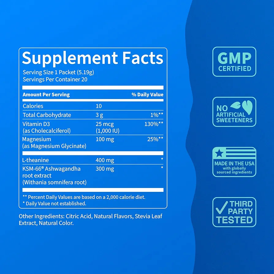 Supercalm Drink Mix -Ashwagandha KSM 66, Magnesium Glycinate & L-Theanine Supplement, Vitamin D3- Ashwagandha Root Extract- Focus and Relaxation Support - Blackberry Basil Lemonade