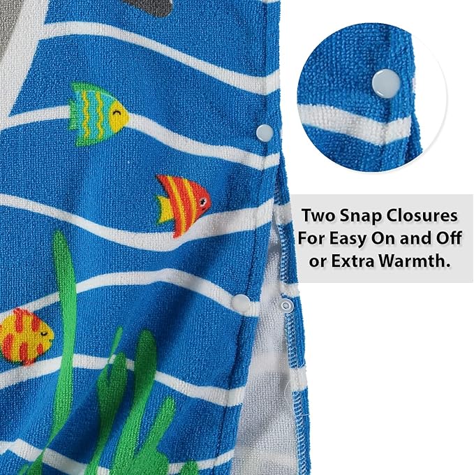 Boys and Girls Absorbent Hooded Beach Towel Pullover Character Microfiber Bath Towel with Side Snaps (Shark, 4-5)