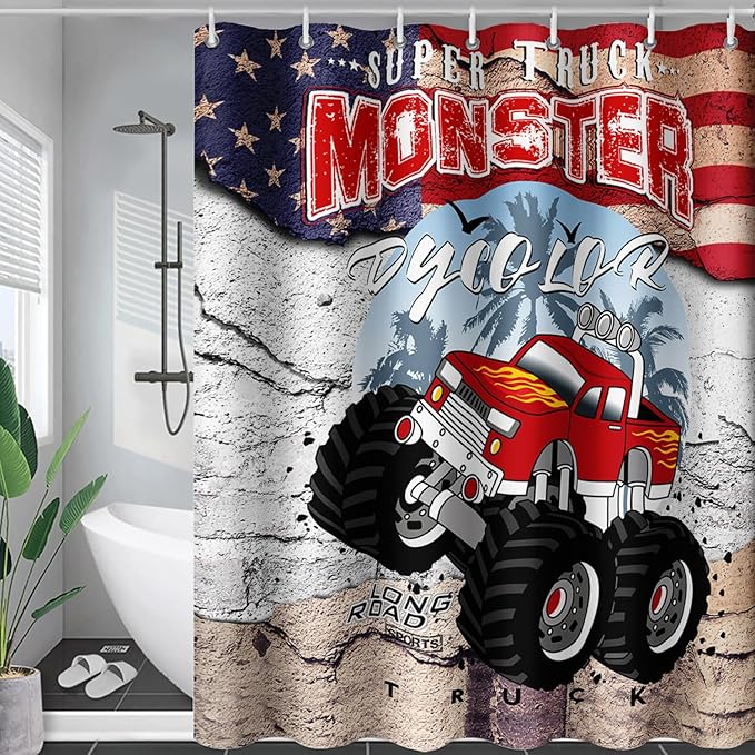 AILONEN Monster Truck Shower Curtain, American Flag Truck Bath Curtain for Boys,Red Truck Car Bathroom Decor Waterproof Fabric 72" W*72" H Inch with 12 Plastic Hooks