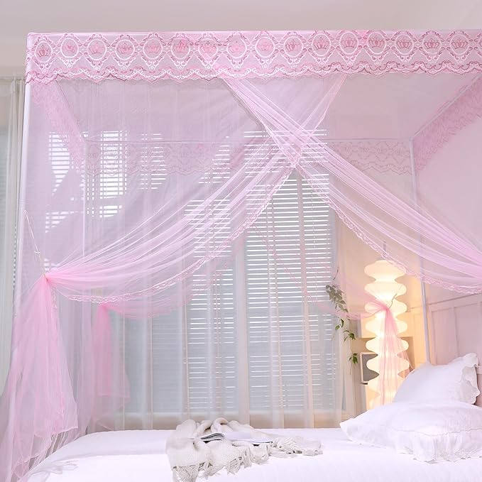 Bed Canopy, Princess Bed Curtain Net for Girls & Adults,Three-Doors Rectangle Lace Dome Netting (Baby Pink, King)