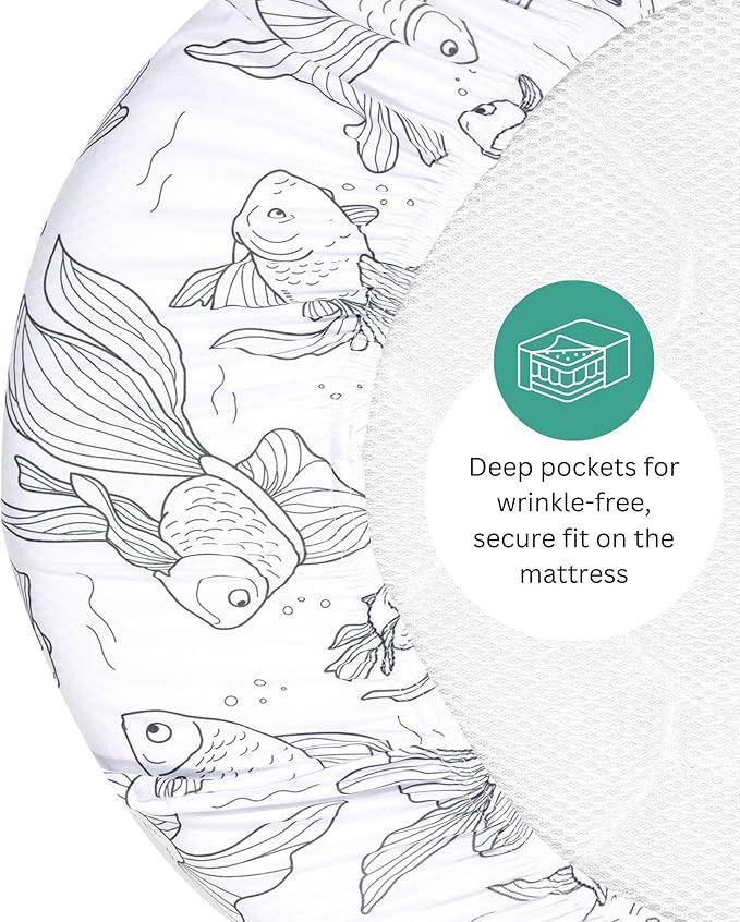 TansyPanda 33 x 20 Bassinet Sheets Compatible with Papablic, Maxi-COSI Iora, Baby Joy, and Many Other Bassinet Bedside Sleepers, 4PC, Ultra Soft, Breathable Snug Fit, Unisex Boys Girls (Ocean Fish)