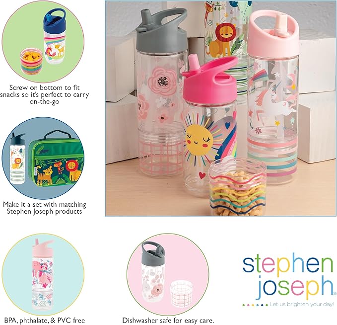 Stephen Joseph, Kids Sip and Snack Water Bottle, 12 oz Tritan BPA Free, Drink and Snack Water Bottle for Girls & Boys, Back to School Water Bottle, Zoo