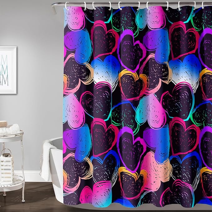 AILONEN Hearts Shower Curtain for Bathroom, Colorful Hearts Love Theme Bath Curtain for Kids Girls Women,Abstract Hearts Print Black Shower Curtain Waterproof with 12 Plastic Hooks, 60" W*72" H