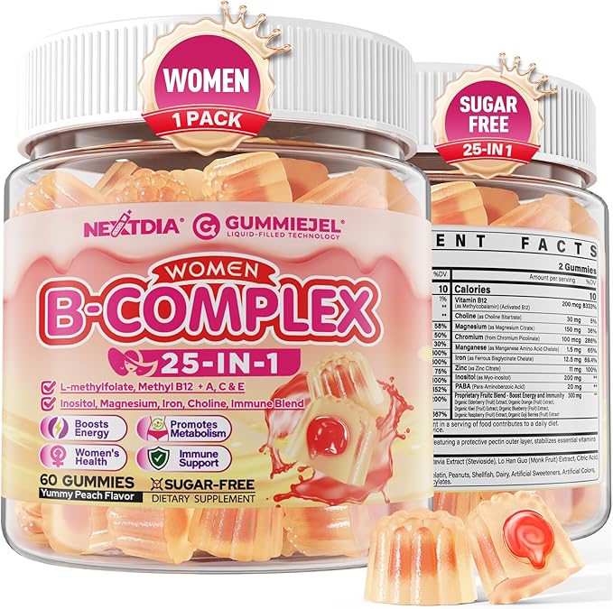 Vitamin B Complex Gummies for Women Sugar Free, Super Methylated B Complex w/ Methyl B12, L-methylfolate, Iron, Vitamin C, Inositol, Magnesium, Choline, Biotin, B2 B3 B5 B6, Orgainc Fruit Blend, 60Cts