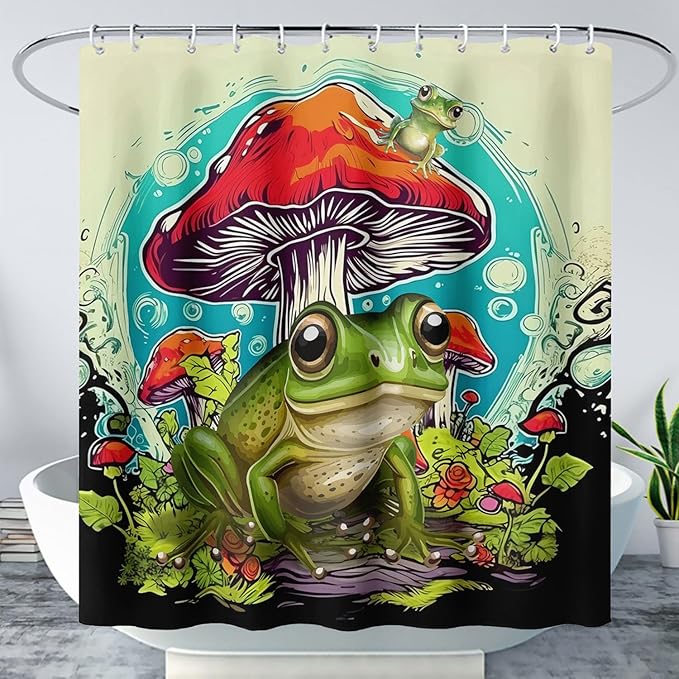 AILONEN Frog Mushroom Shower Curtain,Green Frog Waterproof Fabric Bath Curtain for Kids Girls Boys,Cartoon Animal Wildlife Red Mushroom Shower Curtain Set for Bathroom with Hooks,72" W*84" H