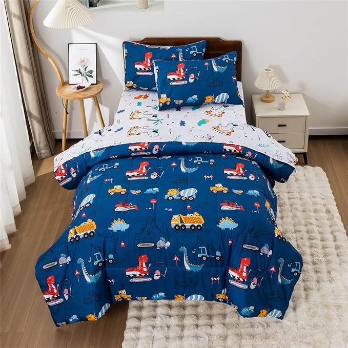 Meeting Story Construction Truck Car Twin Comforter Set for Boys,5 Pieces Dinosaur Bedding Set with Sheets and Pillowcases,Excavator Lightweight Microfiber Bedding Sets(Blue,Twin5pcs)