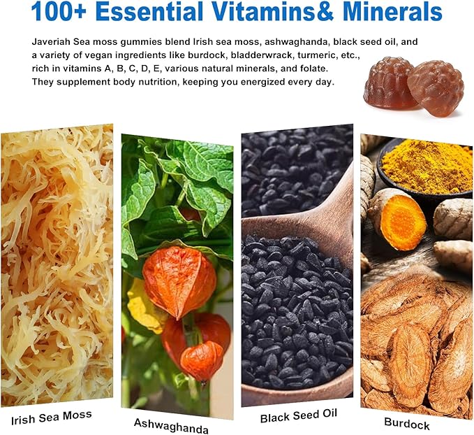 Vegan Sea Moss Gummies with Black Seed Oil,Ashwagandha, Vitamin C&D for Immune Support, Digestive, Antioxidant 13 in 1 Bundle, Sea Moss Chlorophyll Advanced Strength Formula 60 Gummies