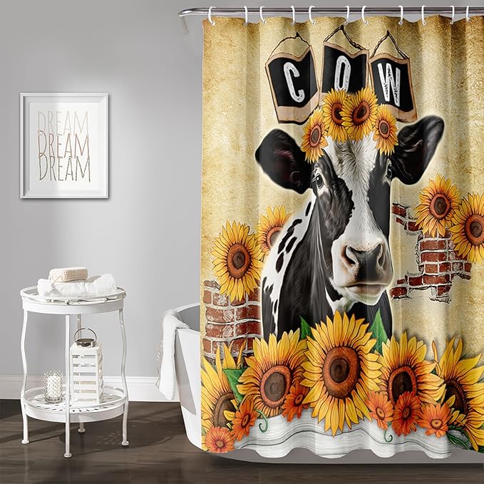 AILONEN Cow Shower Curtains for Kids Boys Girls,Farm Sunflower Cow Bath Curtains for Bathroom Decor,72" W*78" H Polyester Waterproof with 12 Plastic Hooks