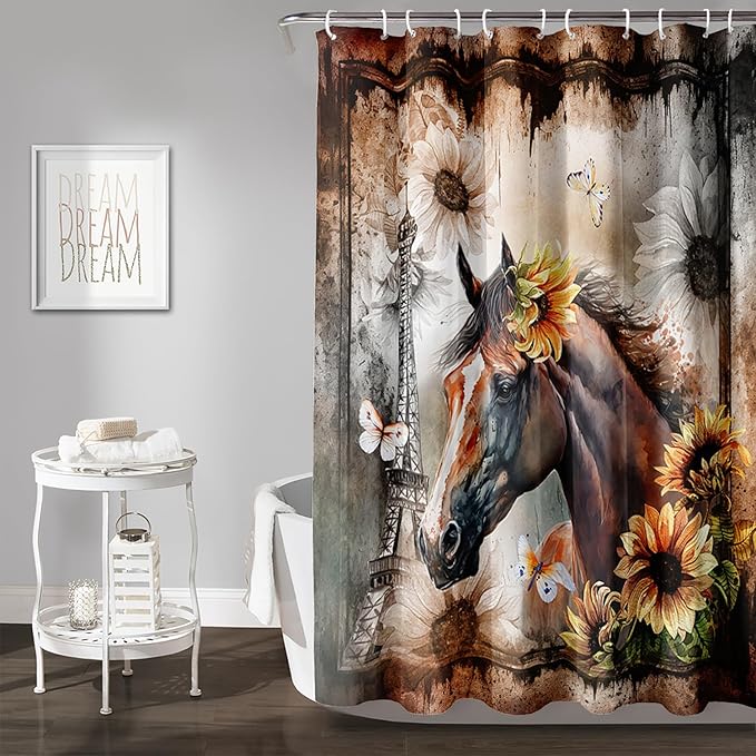 AILONEN Horse Shower Curtain,Sunflower Eiffel Tower Horse Bath Curtain,Retro Horse Polyester Waterproof with 12 Plastic Hooks 72" W*96" H