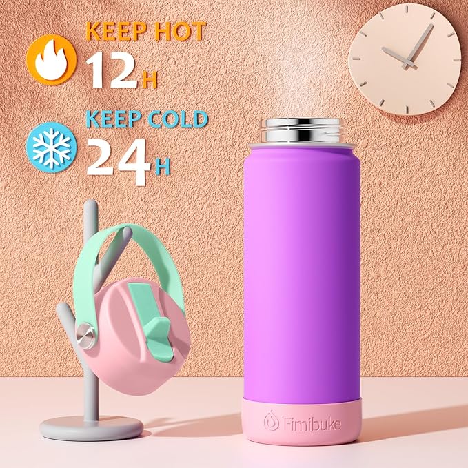 Fimibuke Kids Insulated Water Bottle - 18oz BPA-FREE 18/8 Stainless Steel Kid Cup with Straw Travel Tumbler Leak Proof Double Wall Vacuum Toddler Water Bottle for School Boy Girl(2 Pack, Candy/Bubble)