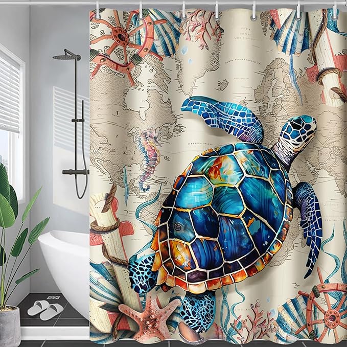 AILONEN Sea Turtle Shower Curtain, Retro World Map Voyage Coast Ocean Bath Curtain,Sea Turtle Bathroom Curtain Decor,Boys Adults Polyester Waterproof 48" W*72" H Shower Curtain (12 Hooks)