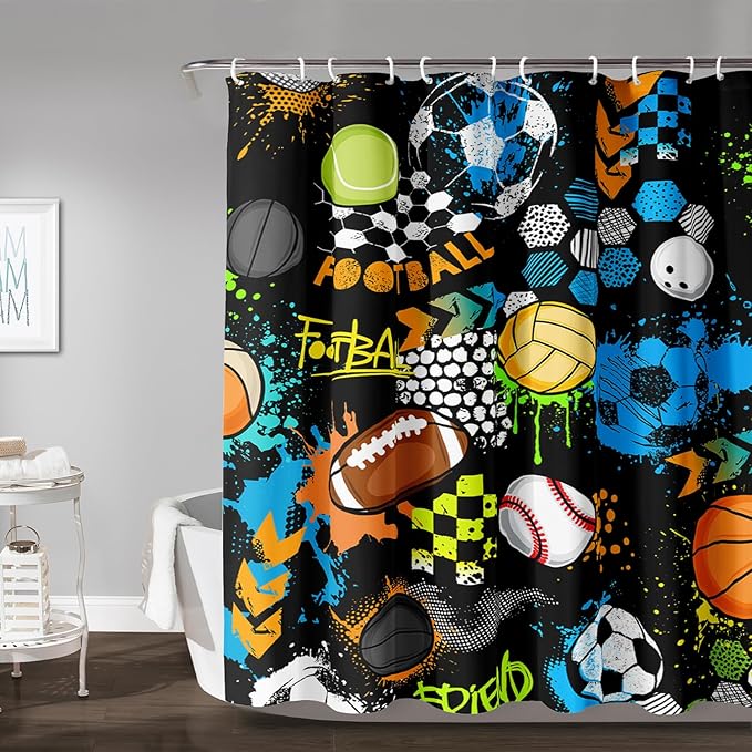 AILONEN Graffiti Sport Shower Curtain,Boys Graffiti Basketball Football Baseball Rugby Sport Bath Curtain Minimalist Bathroom Curtain 72" W*72" H Polyester Waterproof Bathroom Curtain with 12 Hooks