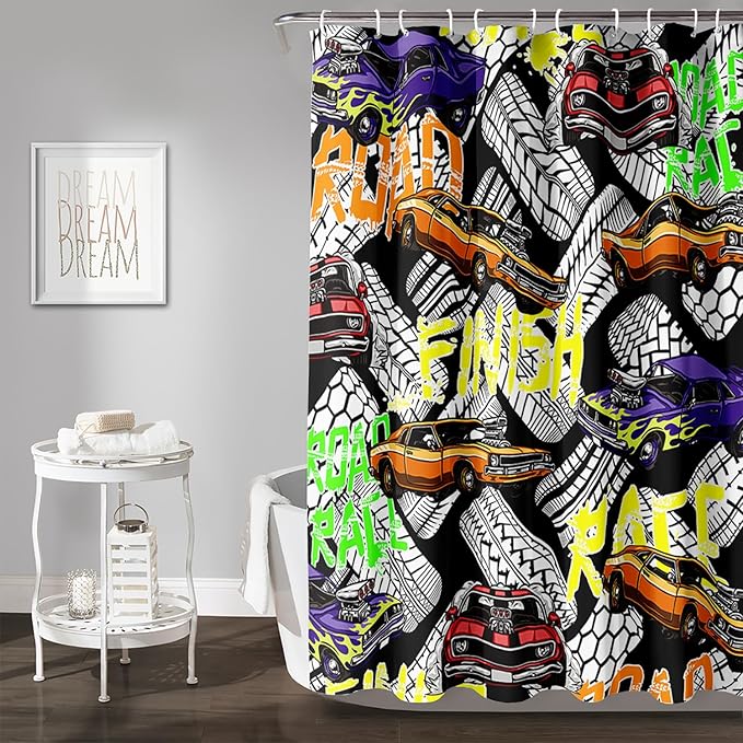 AILONEN Racing Car Shower Curtain for Bathroom Decor,Cool Racer Bath Curtain for Kids Boys Teens,Graffiti Printed Curtain Waterproof with 12 Plastic Hooks, 72" W x 96" H