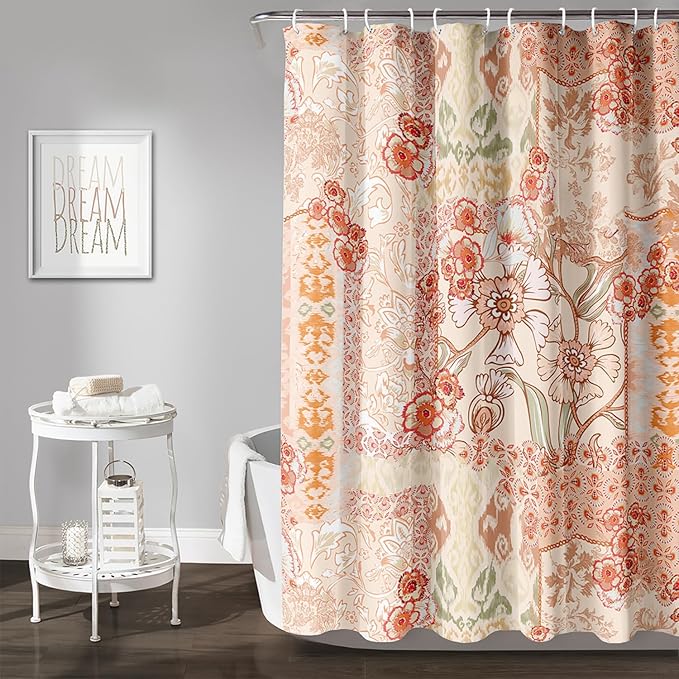 AILONEN Luxuriant Flowers Shower Curtain,European Vintage Flower Theme Waterproof Shower Curtain for Girls Kids Teens, 72" W*96" H Orange Textures Bathroom Decor