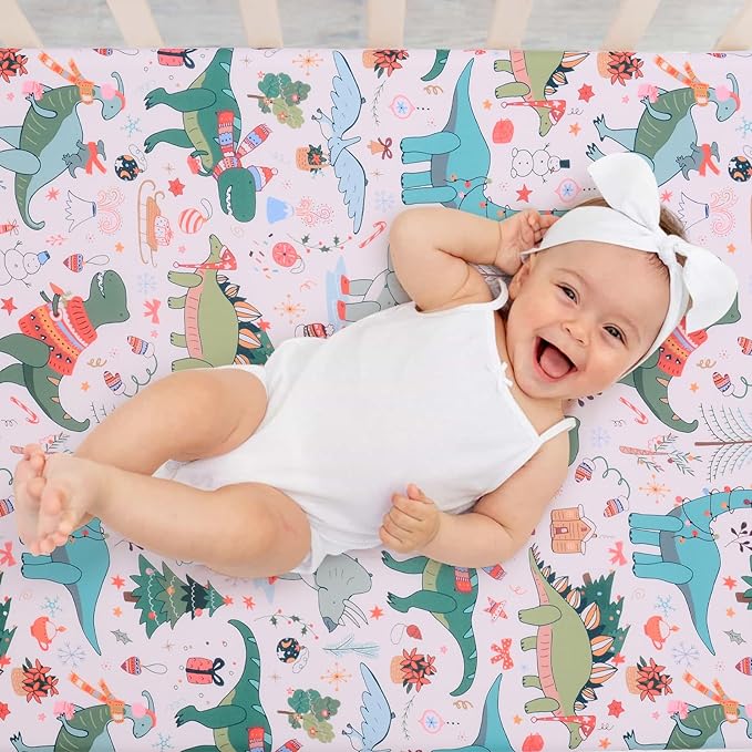 JISEN Christmas Crib Sheet Dinosaurs Fitted Crib Sheets 1 Piece Soft Baby Crib Sheets for Standard Crib and Toddler Mattress Pink Baby Bed Sheets for Crib for Baby Boys Girls Neutral 28x52 Inch