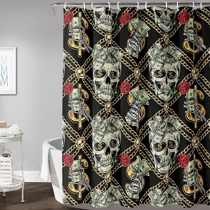AILONEN Skull Shower Curtain for Boys,Gold Money Skeleton Bath Curtain for Decor,Luxurious Skull Print Shower Curtain with 12 Plastic Hooks,Waterproof 72" W*96" H