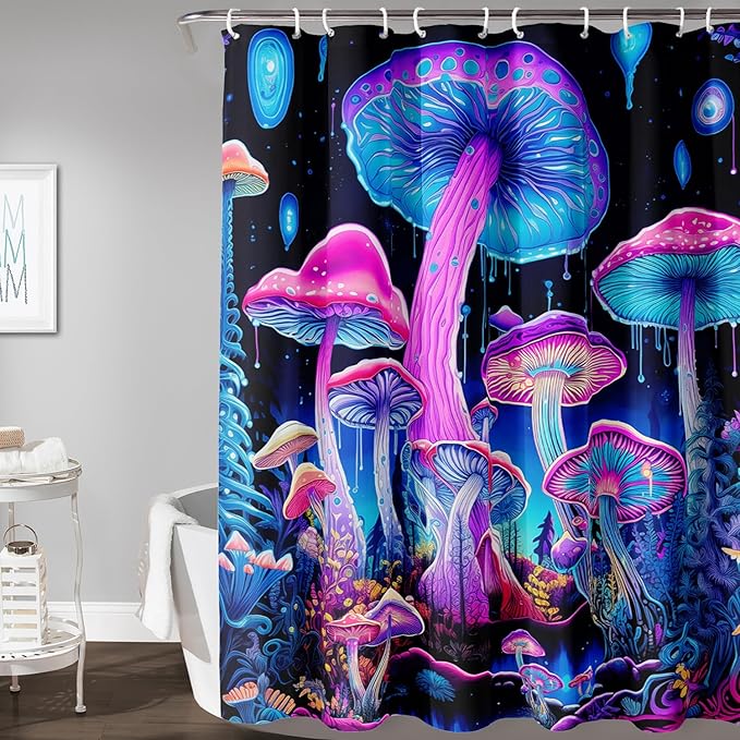 AILONEN Mushroom Shower Curtain for Bathroom, 3D Oil Painting Mushroom Bath Curtain,Blue Purple Fairy Fantasy Fungus Botanical Decoration Waterproof Curtain with 12 Plastic Hooks, 72" W*84" H