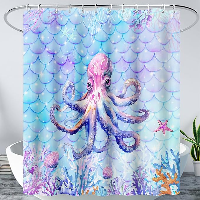 AILONEN Cartoon Octopus Shower Curtain 60"W*72"H For Bathroom, Ocean Coral Shell Fish Scale Print Bathroom Curtain for Kids Girls Women Bath Curtain Polyester Waterproof Shower Curtain With 12 Hooks