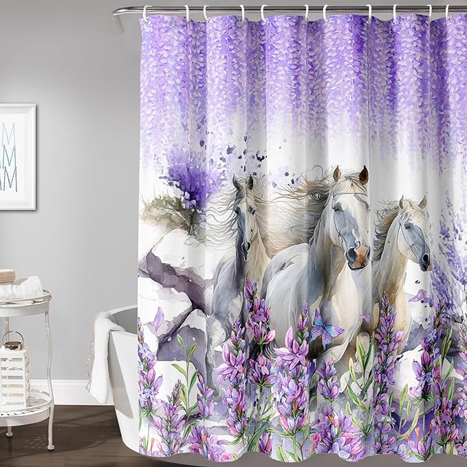 AILONEN Horse Shower Curtain for Boys Girls, Purple Lavender Flower Bath Curtain 72" W*96" H Galloping Horse Bathroom Curtain Polyester Waterproof Watercolor Bathroom Curtain with 12 Hooks