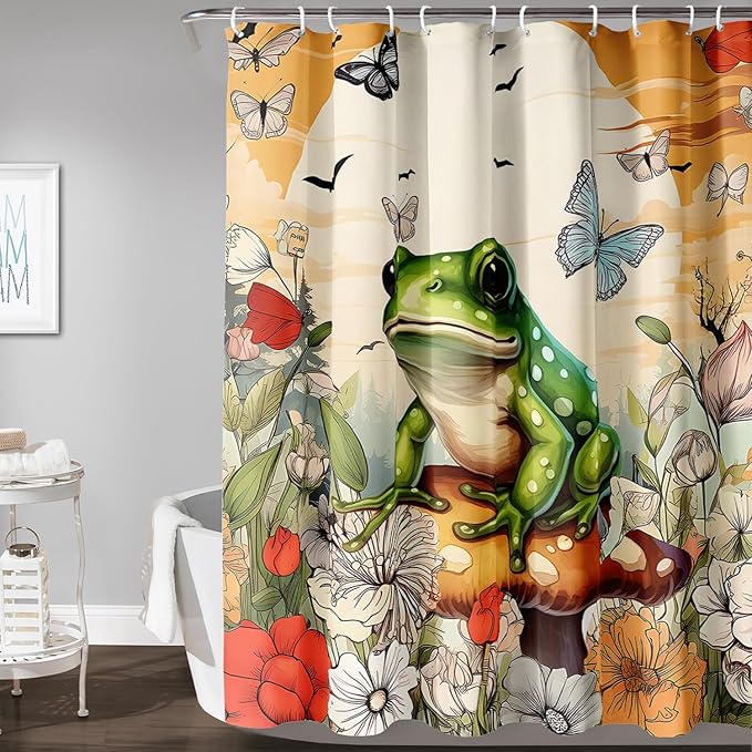 AILONEN Cartoon Frog Waterproof Shower Curtain,Nature Plant Fungus Flower Frog Bath Curtain,Fantasy Sunset Abstract Yellow Bathroom Curtain Decor 72" W x 96" H