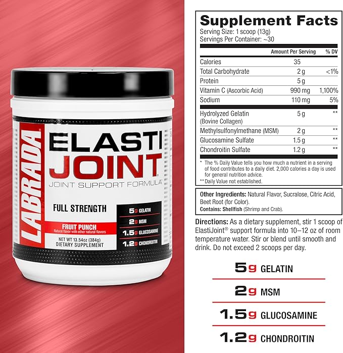 Labrada Nutrition Elastijoint, Fruit Punch. Glucosamine Joint Support Supplement Powder for Men & Women, Joint Pain Relief & Bone Health Supplement with MSM, Glucosamine Chondroitin MSM - Gluten-Free