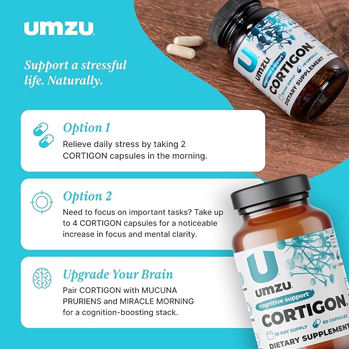UMZU CORTIGON Cortisol Manager Supplement | Natural Stress Support Complex with Ginkgo Biloba, Phosphatidylserine, B Vitamins | Memory, Focus & Mood Aid (30 Day Supply | 60 Capsules)