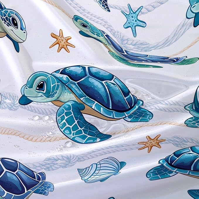 AILONEN Cute Sea Turtle Shower Curtain Set for Bathroom,Cartoon Turtle with Cowry Bath Curtain,Kawaii Ocean Animal Theme Waterproof Fabric Shower Curtain with Hooks,48" W*72" H