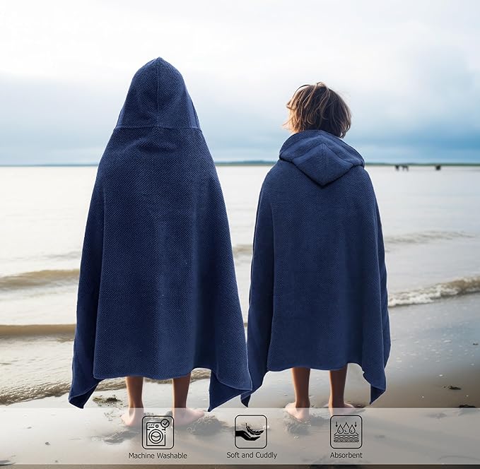 Hooded Bath Towel Wrap - 100% Cotton Popcorn Large Oversized Hooded Kids Towel - Toddler Shower Pool Beach Towel - 600 GSM - Soft Absorbent Quick Dry Easy Care Gift - 30x52 inches - Navy