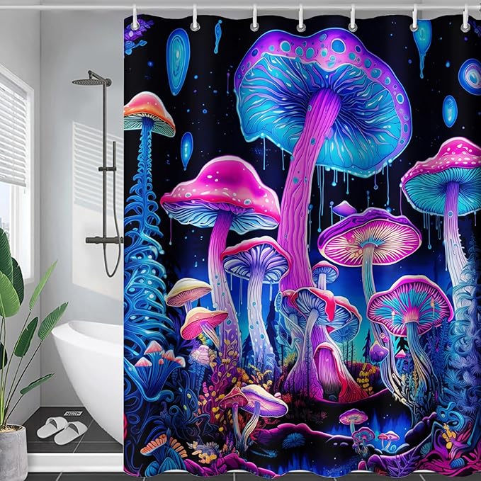 AILONEN Mushroom Shower Curtain for Bathroom, 3D Oil Painting Mushroom Bath Curtain,Blue Purple Fairy Fantasy Fungus Botanical Decoration Waterproof Curtain with 12 Plastic Hooks, 72" W*84" H