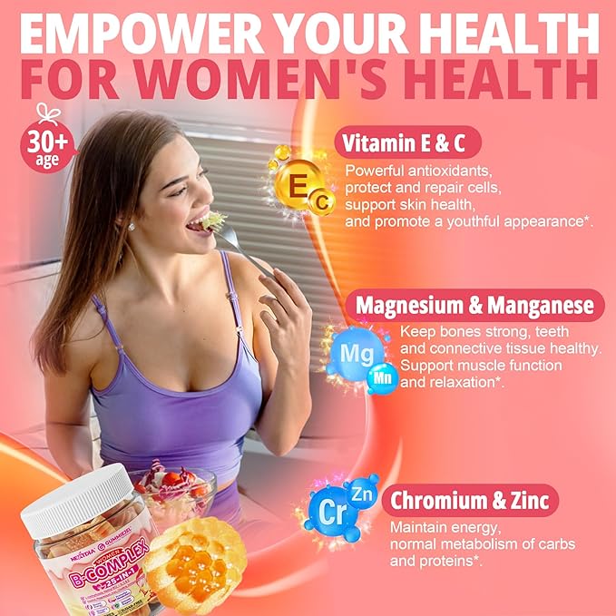 Vitamin B Complex Gummies for Women Sugar Free, Super Methylated B Complex w/ Methyl B12, L-methylfolate, Iron, Vitamin C, Inositol, Magnesium, Choline, Biotin, B2 B3 B5 B6, Orgainc Fruit Blend, 60Cts