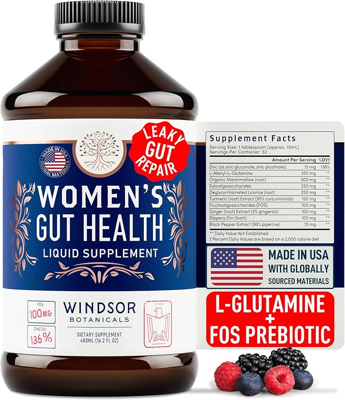 Complete Gut Health Supplements for Women - IBS Relief, Gut Support Liquid with FOS Prebiotic, L Alanyl, L Glutamine and Herbal Blend - Leaky Gut Repair & Gut Cleanse Detox for Women - 16oz (480ml)