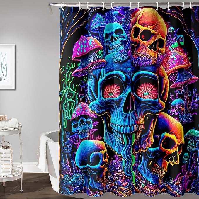 AILONEN Mushroom Skull Shower Curtain for Bathroom,Purple Mushroom Skull Bath Curtain,Fantasy Fairy Skull Skeleton Decoration Bathroom Waterproof Shower Curtain with 12 Plastic Hooks, 48" W*72" H