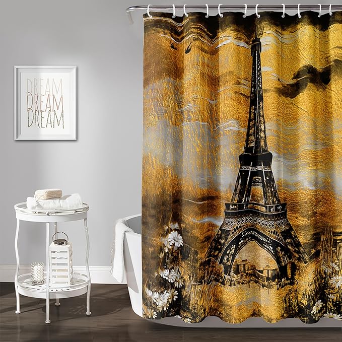 AILONEN Eiffel Tower Shower Curtain,Afterglow Tower Bathroom Fabric Shower Curtain for Boys Kids Teens, 72" W*72" H Vintage Orange & Black Style Paris Tower Bathroom Decor